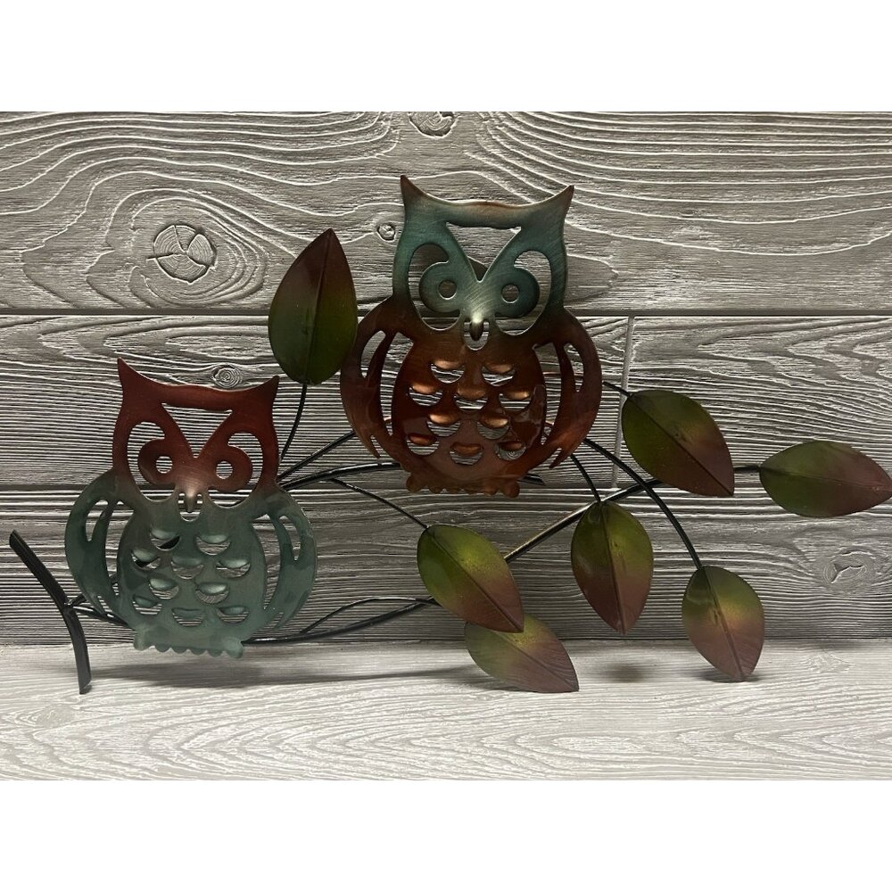 Metal Owl Pair on Branch with Leaves Wall Hanging Cut Out  Brown Aqua Green